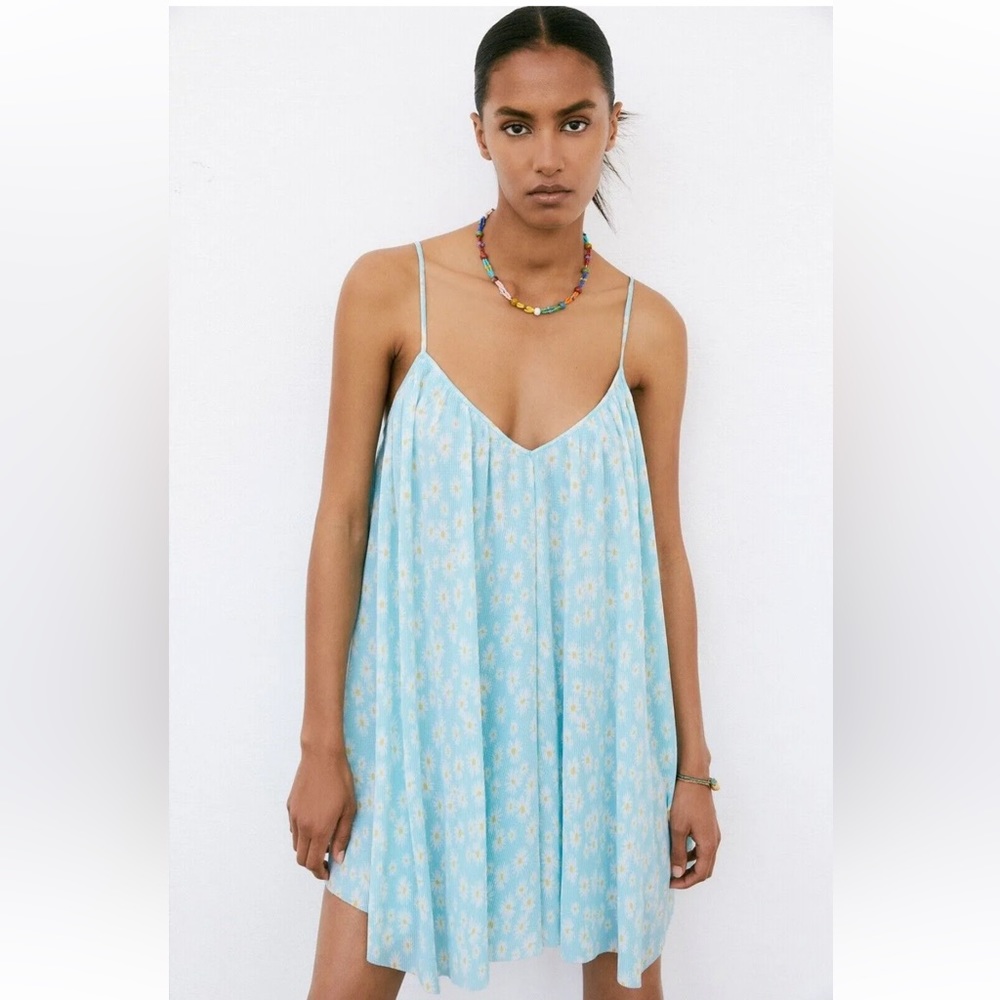 NWT ZARA DAISY Flower Mini Pleated Flowy Summer Beach Dress SIZE S